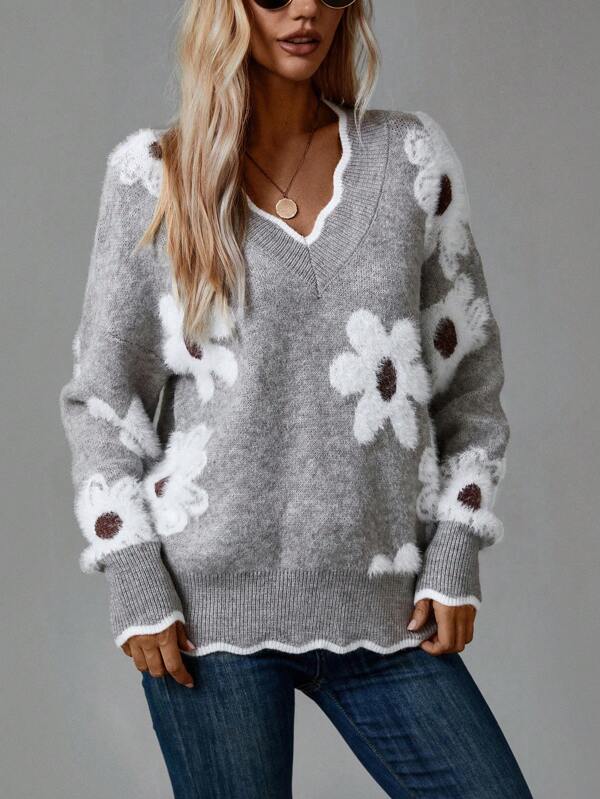 PAULA | Maglione floreale elegante con scollo a V