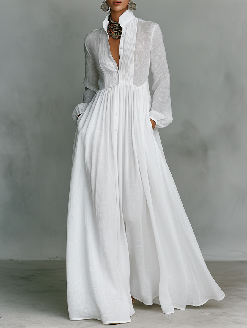 Elisa - Maxi Minimalista in Cotone e Lino con Patchwork, Collo Alto e Maniche Lunghe