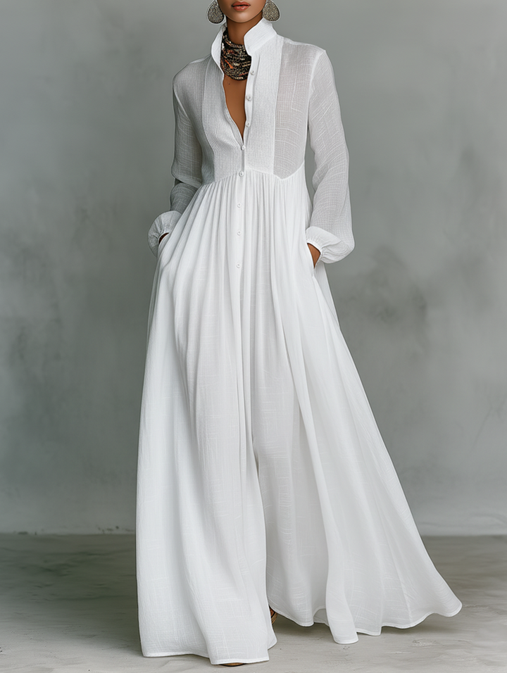 Elisa - Maxi Minimalista in Cotone e Lino con Patchwork, Collo Alto e Maniche Lunghe