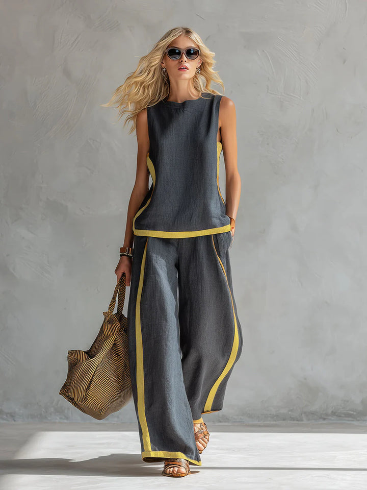 Leila -  Set elegante e casual composto da gilet e pantaloni con bordini bicolori.