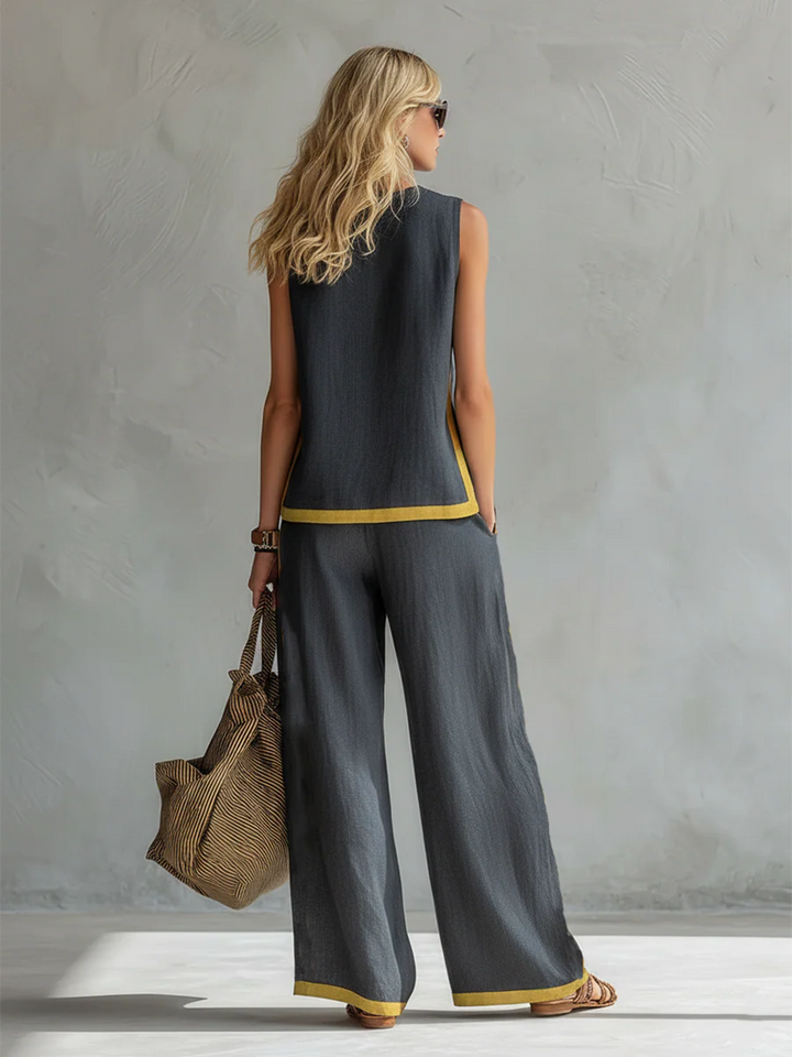 Leila -  Set elegante e casual composto da gilet e pantaloni con bordini bicolori.