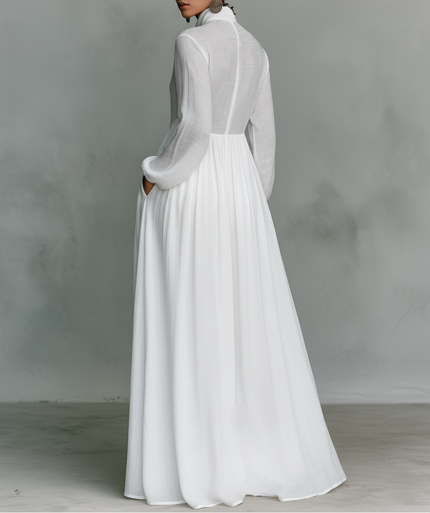Elisa - Maxi Minimalista in Cotone e Lino con Patchwork, Collo Alto e Maniche Lunghe