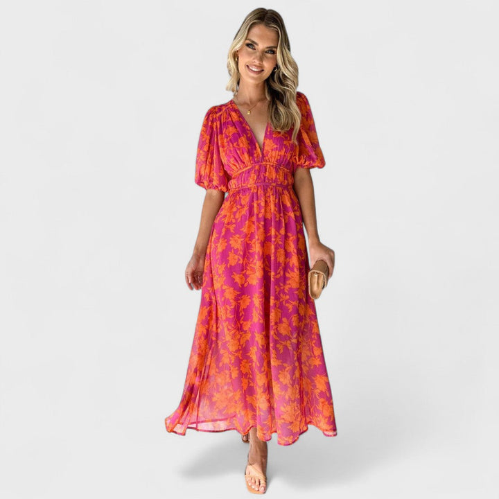Katty - Abito midi floreale con maniche a sbuffo e scollo a V