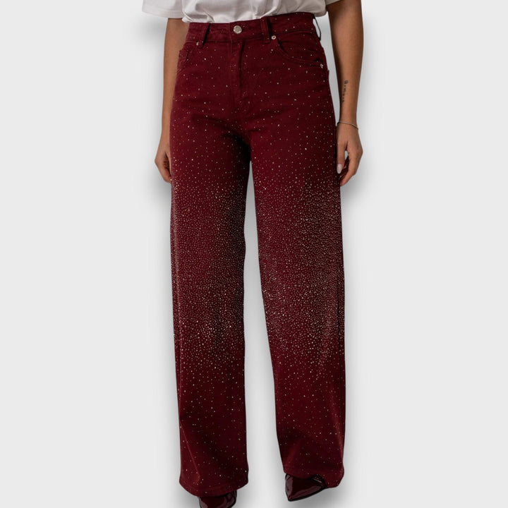 Marvie – Jeans a gamba larga con strass in Bordeaux