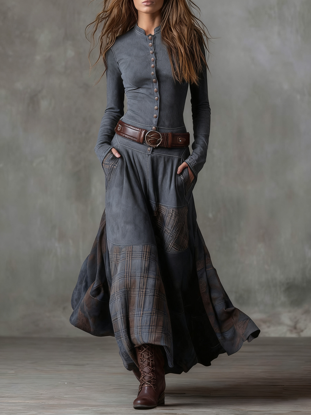 Martina ❘ Vestito lungo vintage in camoscio a quadri blu navy