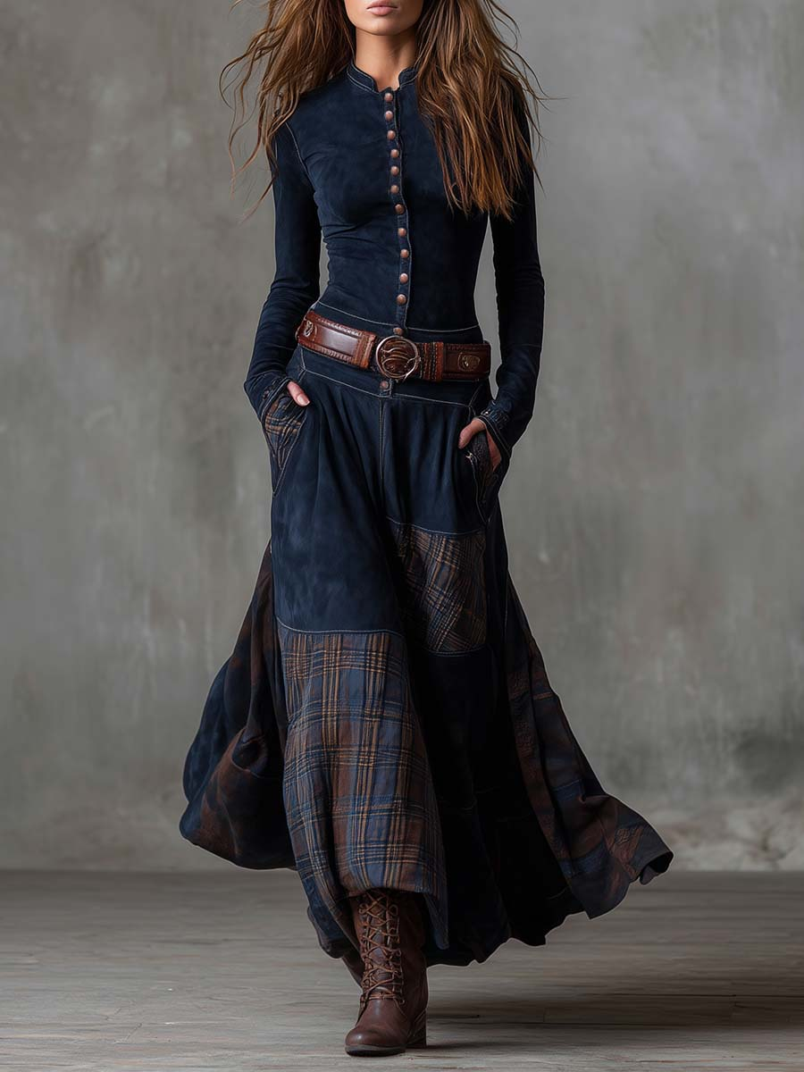 Martina ❘ Vestito lungo vintage in camoscio a quadri blu navy