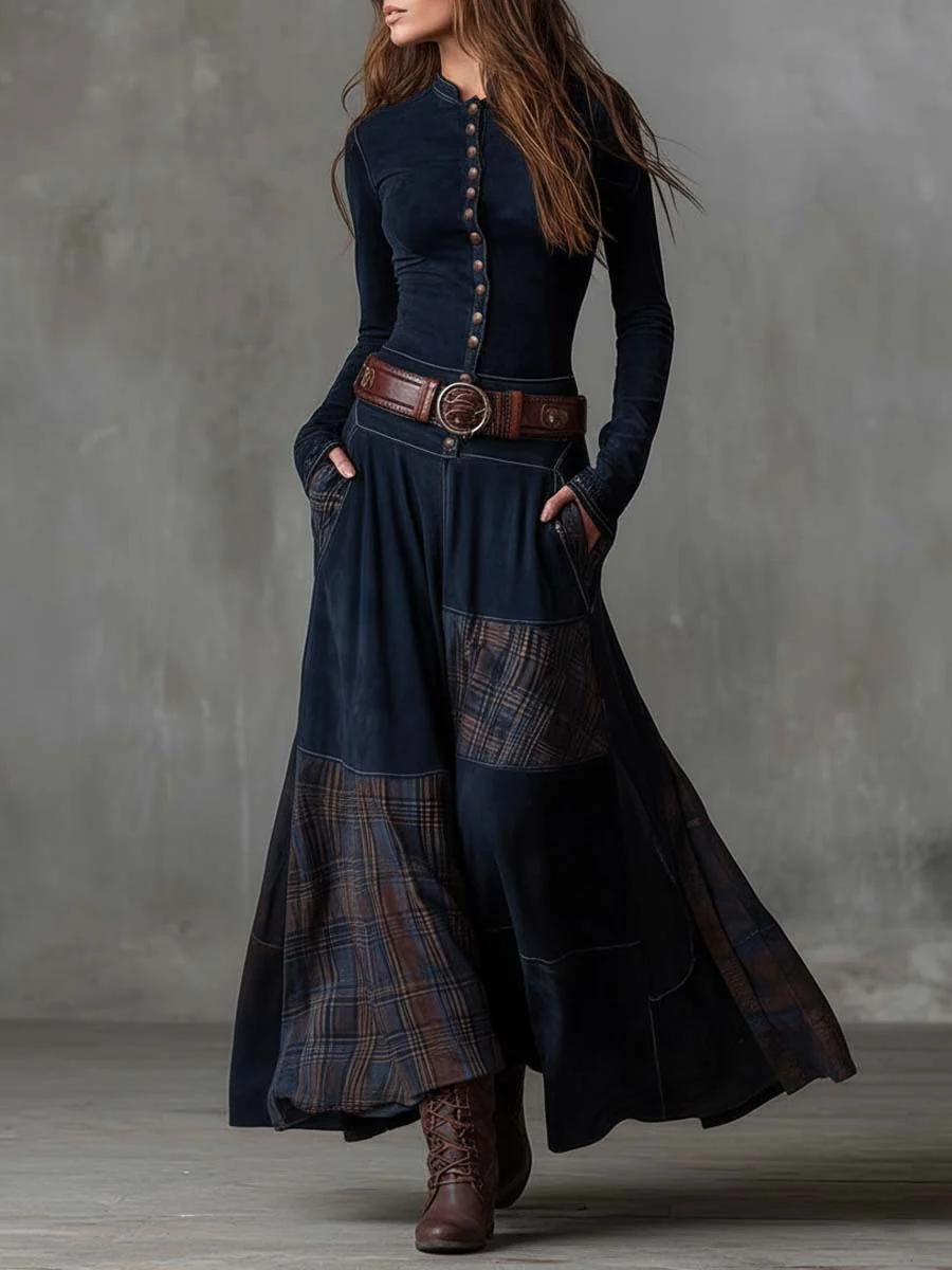 Martina ❘ Vestito lungo vintage in camoscio a quadri blu navy