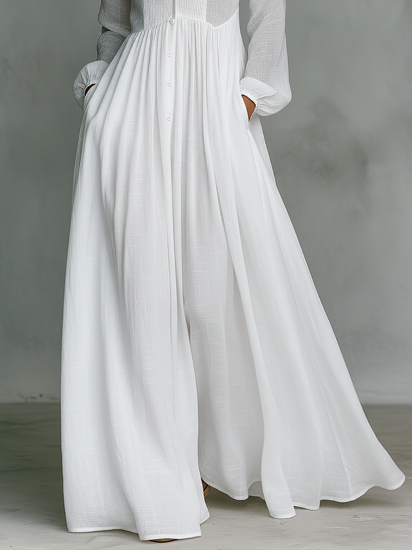 Elisa - Maxi Minimalista in Cotone e Lino con Patchwork, Collo Alto e Maniche Lunghe